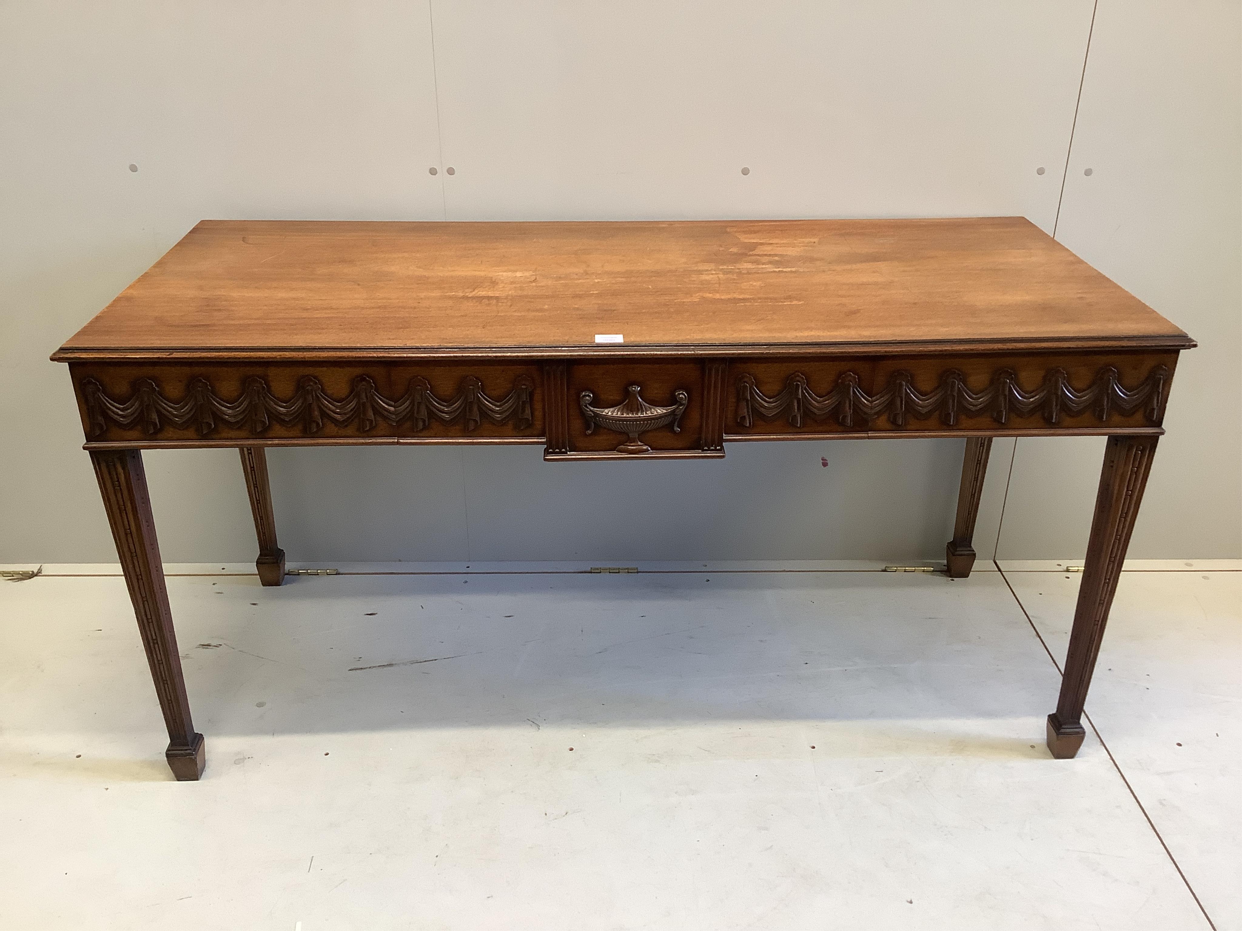 A Victorian Druce & Co. Adam revival mahogany serving table, width 163cm, depth 69cm, height 80cm. Condition - fair-good